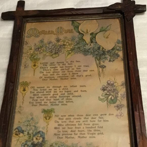 Antique Mother Mine watercolor like print framed behind glass tramp art frame - Picture 2 of 15